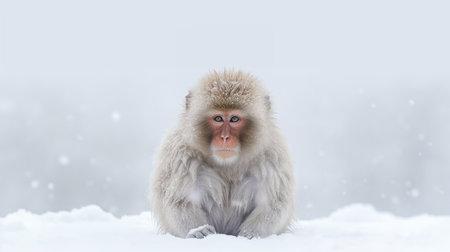 Japanese macaque (Macaca fuscata) sitting on the snow in Japan.の素材