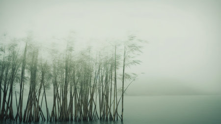 Trees in a foggy lake. Filtered image processed vintage effect.の素材
