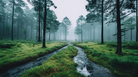 Misty foggy forest with a small stream flowing through it.の素材