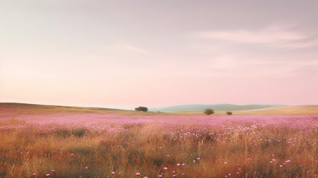 Sunset on a meadow with pink flowers. Panoramic image.