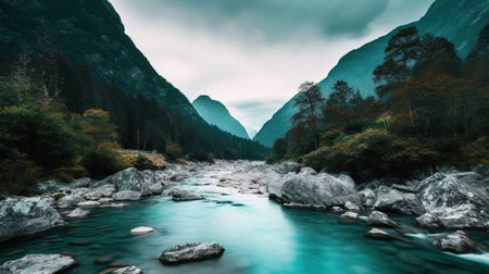 Panoramic view of mountain river in autumn, New Zealand.の素材