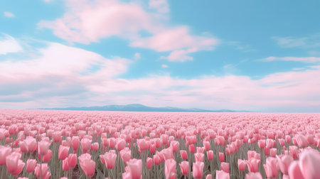 Pink tulip field with blue sky and clouds. 3d renderの素材