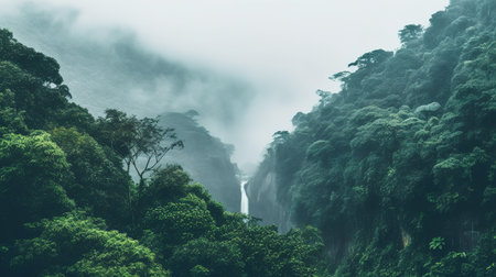Mountain landscape with fog and waterfall in the morning, Taipei, Taiwanの素材