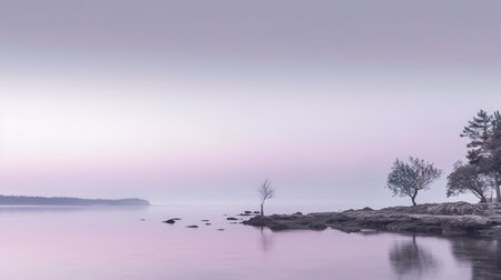 Lonely tree on the rocky shore of the lake in the mistの素材