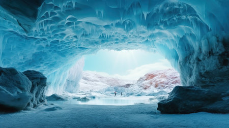 Ice cave in the mountains. Winter landscape with ice and snow.の素材