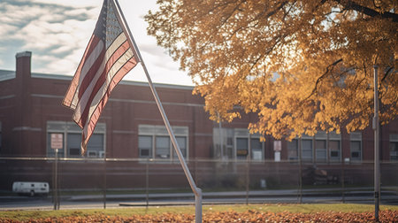 American Flag in Front of a School Building in the Fall Season.の素材