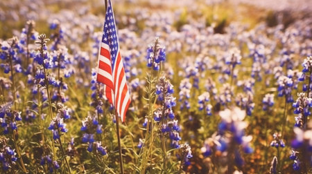 American flag on a field of blue flowers. Selective focus.の素材