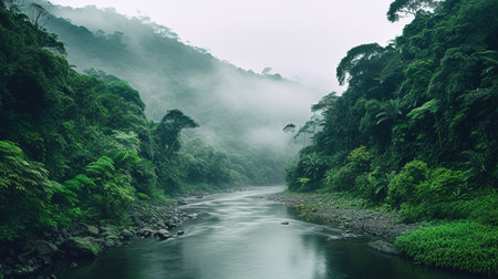 Mountain river in the rainforest in a foggy day.の素材