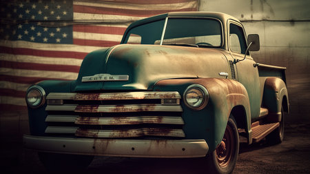 Vintage american pickup truck on the background of the American flagの素材