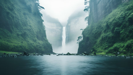 Waterfall in the green forest. Panoramic view of waterfall.の素材