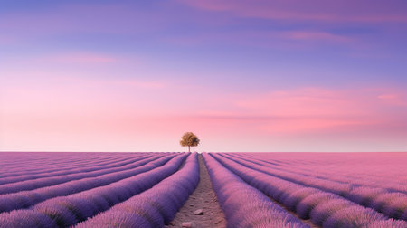 Lavender field with lonely tree at sunset, 3d renderの素材