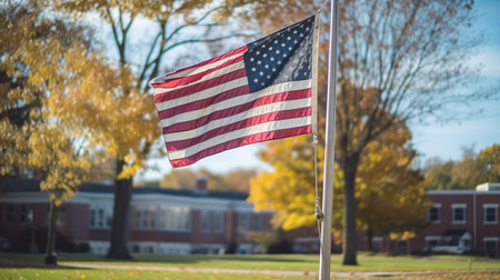 American flag waving in the wind in front of the University of Pennsylvania.の素材