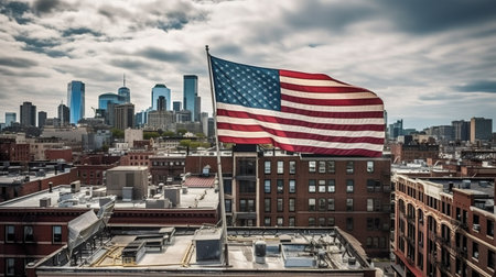 American flag waving over the city of Boston, Massachusetts, USA.の素材
