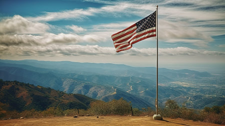 American flag waving in the wind on top of a mountain with blue skyの素材