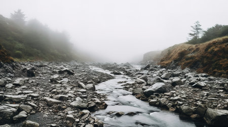 Mountain stream in the fog. Beautiful landscape with a mountain riverの素材