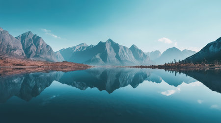 Mountains reflected in the lake. Landscape with mountains and skyの素材