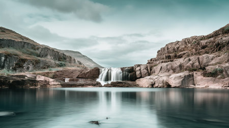 Panoramic view of Hjalparfoss waterfall, Icelandの素材