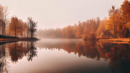 Autumn landscape with a lake and trees in the fog at sunriseの素材