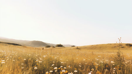 Sunset over a meadow with daisies in the foregroundの素材