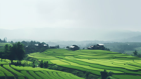 Green Terraced Rice Field in Pa Pong Piang, Chiang Mai, Thailandの素材