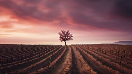 Lonely tree in a vineyard at sunset with purple skyの素材
