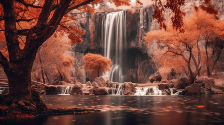 Beautiful waterfall in autumn forest,3d rendering. Computer digital drawing.の素材