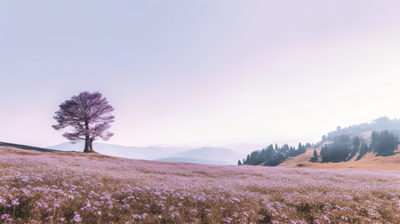 Lonely tree on the meadow with purple flowers at dawnの素材