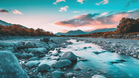 Sunset over a mountain river in New Zealand. Toned.の素材