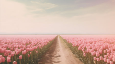 Pink tulips in an agricultural field in spring. 3D Renderingの素材