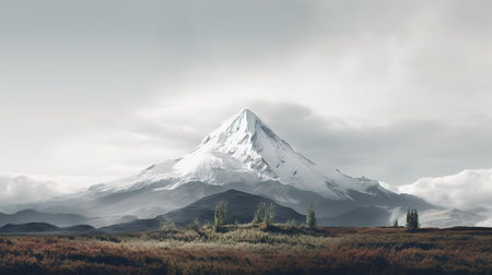Mountain peak in the clouds. Landscape with snow-capped peaks.の素材