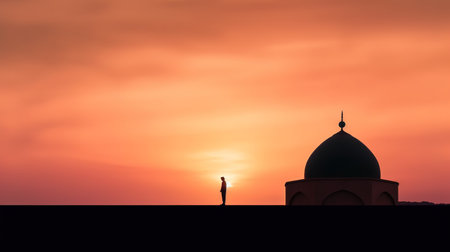Silhouette of muslim man praying with mosque at sunset backgroundの素材
