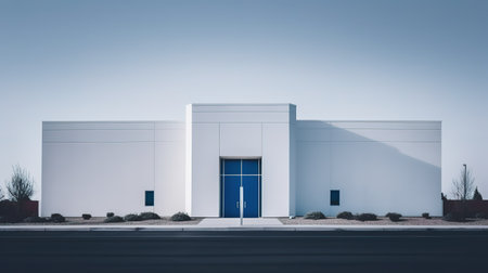 3d rendering of a modern office building with white walls and a blue doorの素材