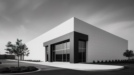 3D render of a modern office building with black and white backgroundの素材