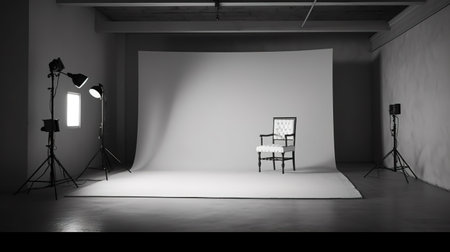 Empty photo studio with lighting equipment. 3D rendering. Computer digital drawing.の素材