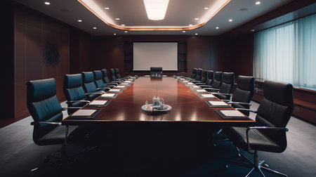 Interior of a conference room with a meeting table and chairs.の素材