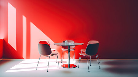 Interior of modern dining room with red walls, concrete floor, round table with chairs and red chairs. 3d renderingの素材