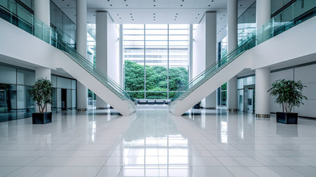 interior of modern office building with white marble floor and glass wallの素材