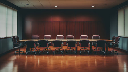 Interior of a modern conference room with wooden walls and rows of black chairs. 3d renderingの素材