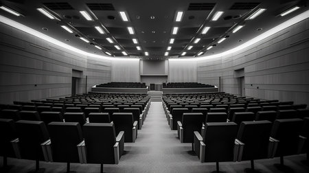Empty auditorium with rows of chairs. 3D rendering. Black and white.の素材