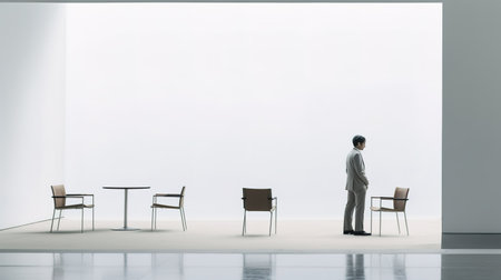 Businessman in modern meeting room with white walls and concrete floor. 3d renderingの素材