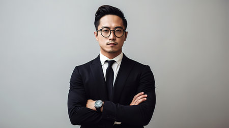 Portrait of a confident young asian businessman in black suit and eyeglasses looking at camera while standing against grey backgroundの素材