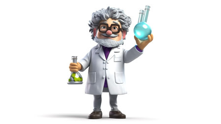 3D illustration of a funny cartoon scientist with a flasks in his handの素材