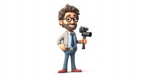 Cartoon man with video camera on white background. 3d illustrationの素材
