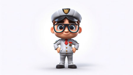 3D Render of Little Boy with police cap and glasses on white backgroundの素材