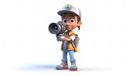 Cartoon character of a backpacker with a camera on his shoulderの素材