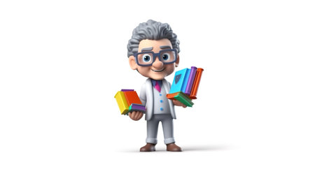 3D Render of an old man with books on a white backgroundの素材