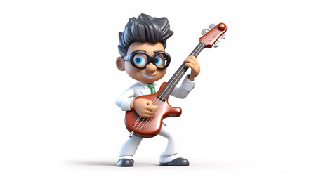 3D illustration of a young man playing the guitar with a white backgroundの素材