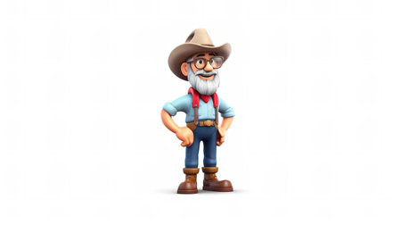 3d illustration of a farmer with hat and suspenders on white backgroundの素材