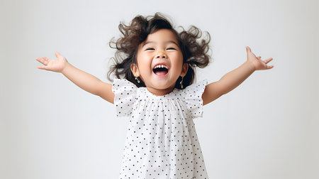 Happy asian little girl laughing with her hands up on gray backgroundの素材