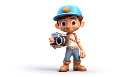 3D Render of a Little Boy with a camera isolated on white backgroundの素材